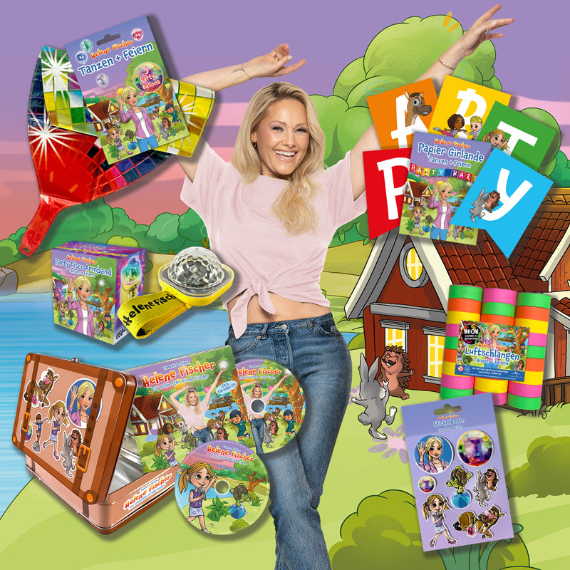 Helene Fischer mit verschiedenen Produkten (CDs, Papier-Girlande und mehr) zum Album "Die schönsten Kinderlieder"